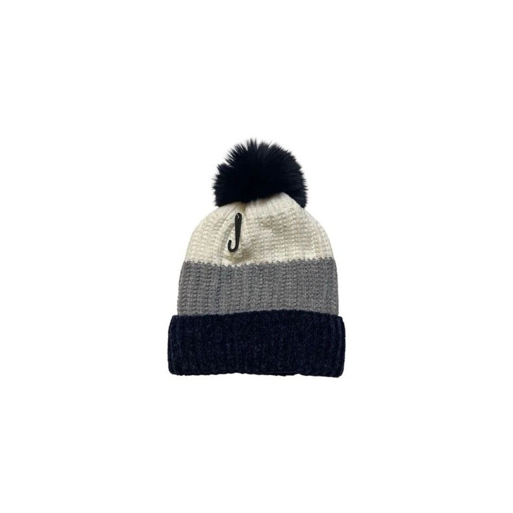 Colorblock Knit Pom Beanie - Faux Fur Pom & Plush Fleece Lining Navy/Grey/Cream